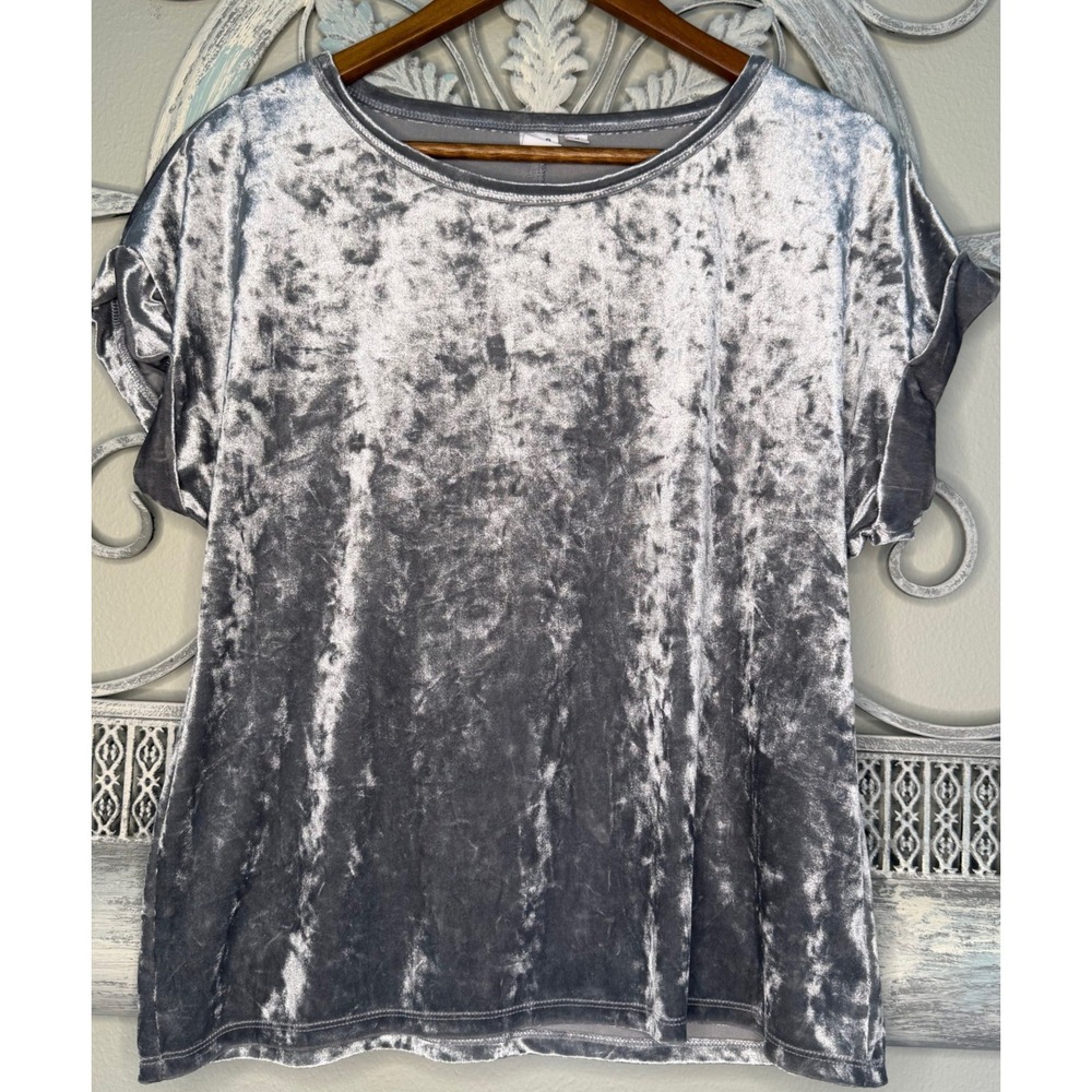 Gap Women Silver Crushed‎ Velvet Short Sleeve Top Crew Neck Cuffed Medium EUC